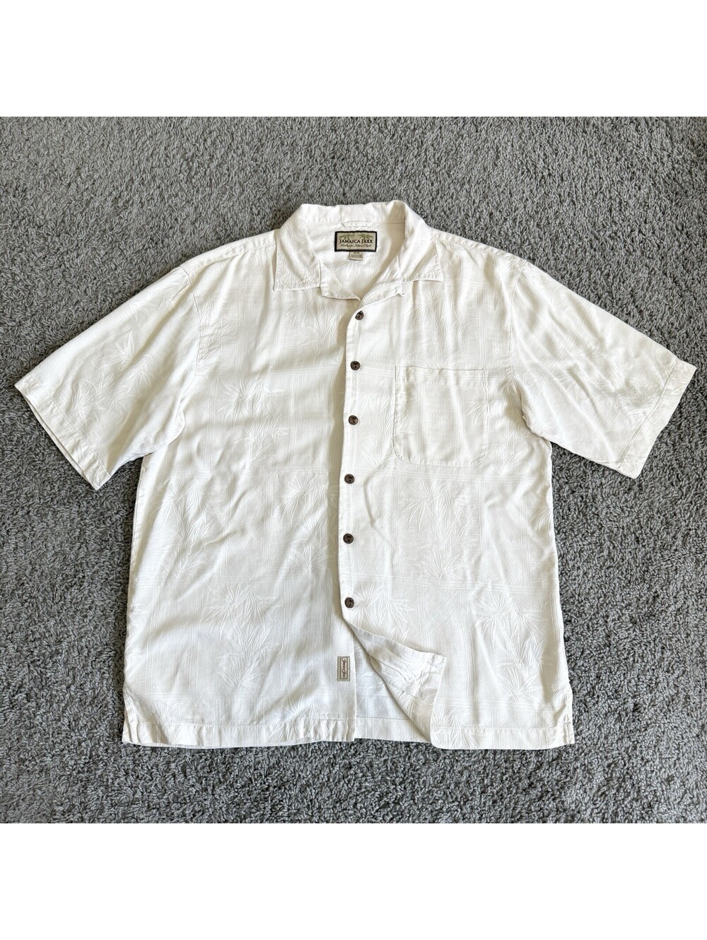 Jamaica Jaxx 100% Silk Hawaiian Camp Shirt White Palm Jacquard Mens M Resortwear